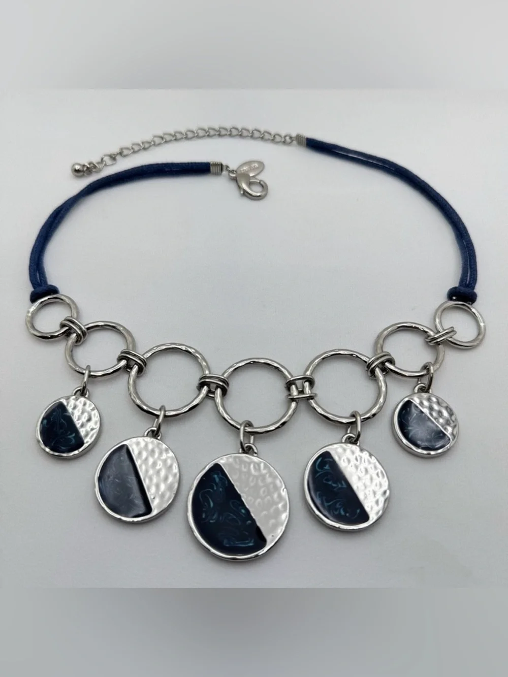 Chico’s Silver Tone Hammered Finish Blue Swirl Enamel Statement Necklace Discs